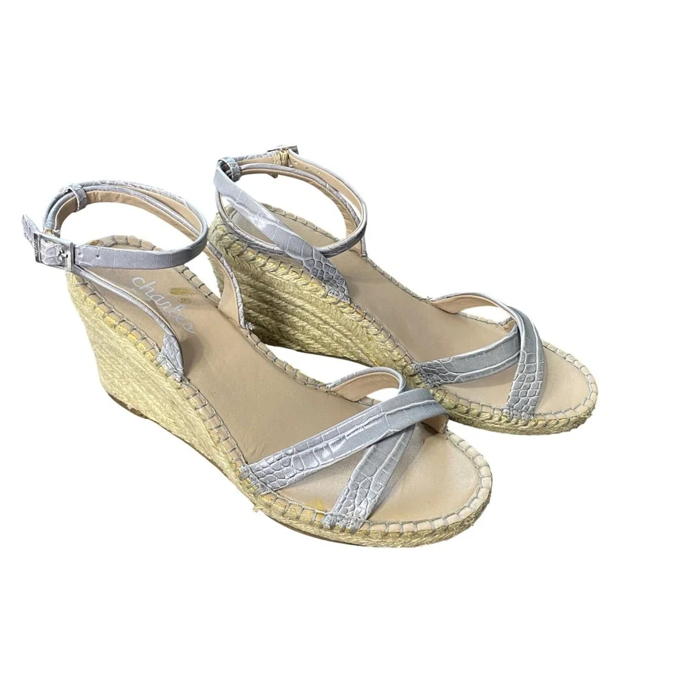 Charles by Charles David Silver Croc Embossed Espadrille‎ Wedge Sandals  9
